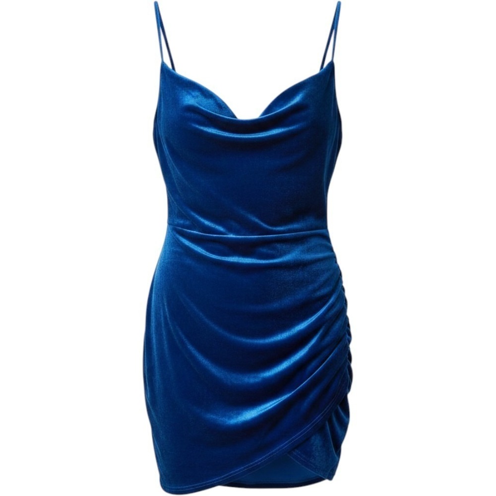 Royal Blue Velvet Cowl Neck Mini Dress Ruched Asymmetrical Tulip Hem Cocktail